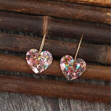 Vintage Pink Love Heart Drop Earrings Bohemian Retro Resin Sequin Heart Drop Earrings Multicolor Glitter Dangle Earrings Jewelry Gift For Women - 粉色 - 查看 6
