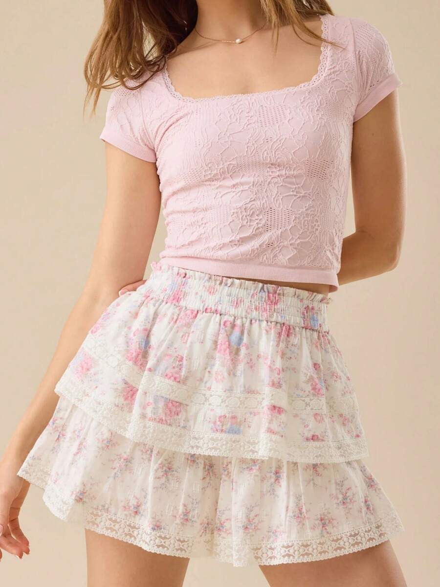 Women's Flower Print Cake Layering Lace Mini Skirt With Shorts Ruffle Skirt Skort - Pink - View 1