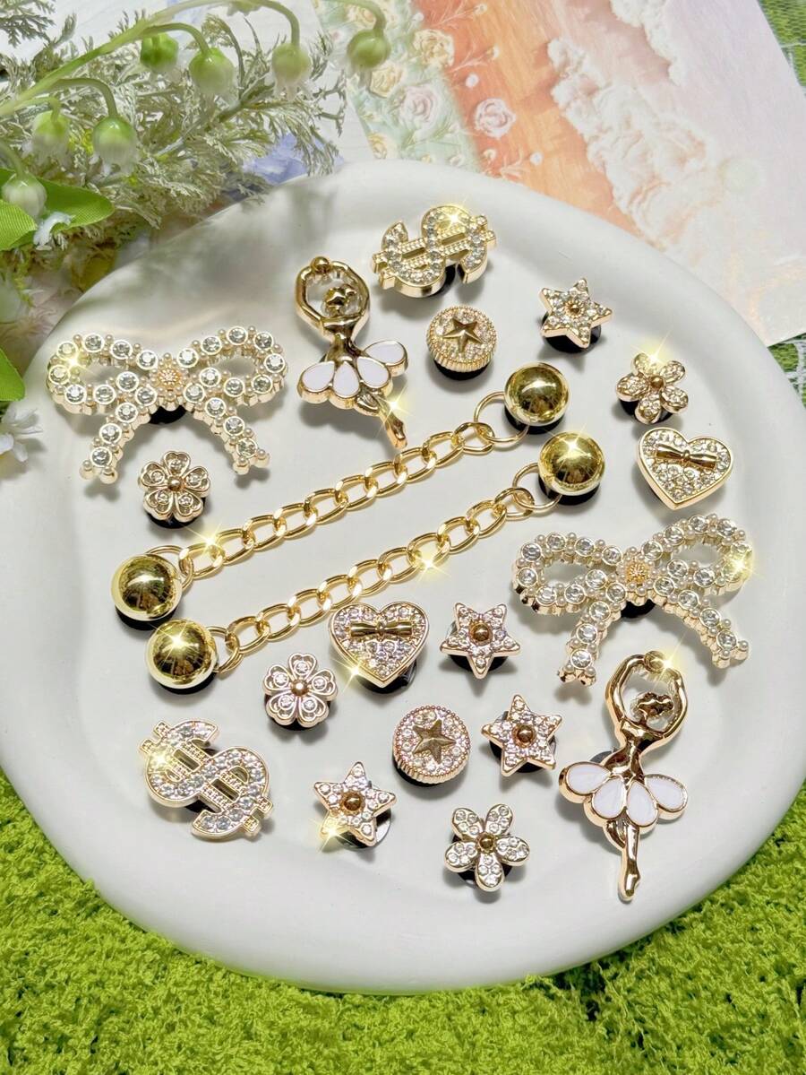 20 piezas Accesorios desmontables DIY de oso de strass, lazo, flor de nieve navideña para decorar zapatos, regalo perfecto para las fiestas - Dorado - Ver 1