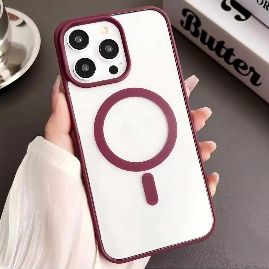 Transparent Wine Red Bumper Magnetic Charging Protective Case | Compatible With MagSafe, Shock-Resistant Ultra-Thin, Suitable For, Waterproof, Anti-Fall, Anti-Scratch