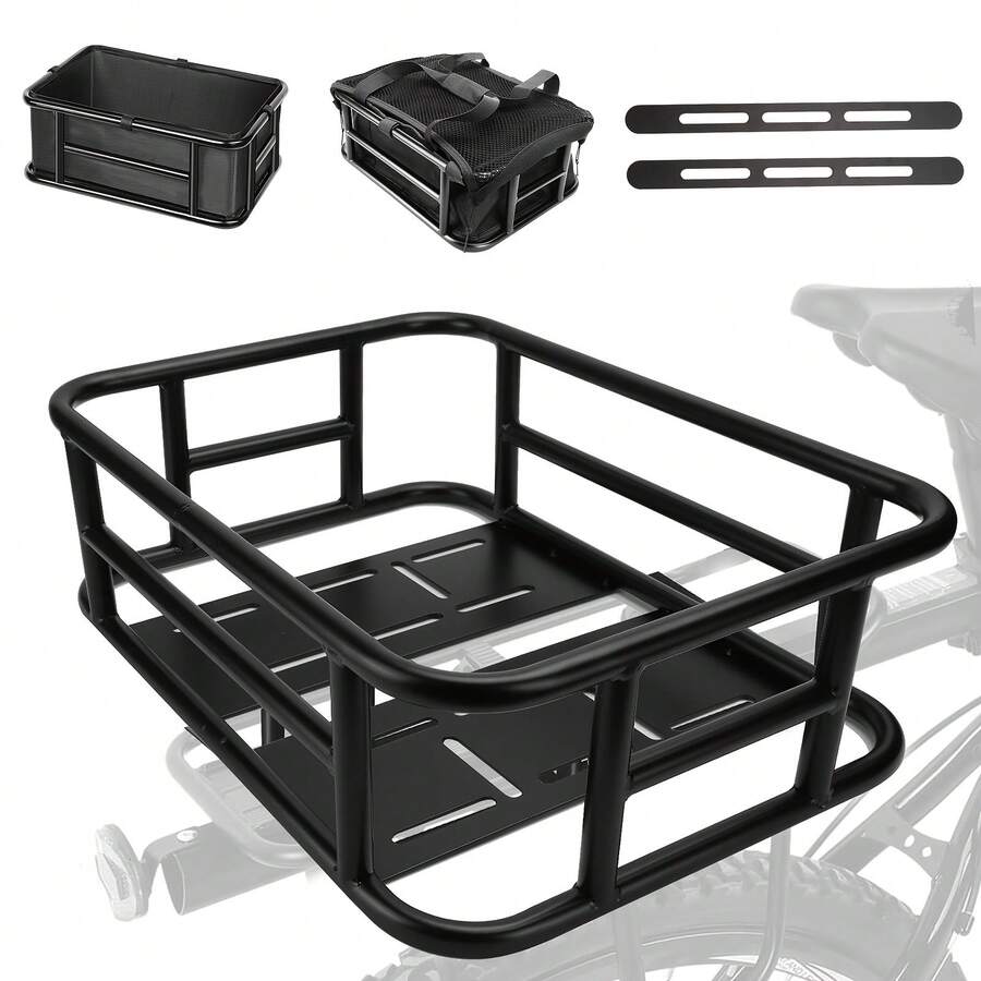 Bike Basket Rear, Bicycle Basket With Liner,Waterproof Cover,Cargo Net, Large Bike Back Baskets, Heavy Duty Rear Bicycle Baskets For Most Bikes And E-Bike (Pipe Bike Basket Rear)