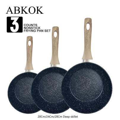 ABKOK 1pc/3pcs Aluminum Frying Pan Set (18cm/24cm/28cm Shallow Frypan) (20cm/24cm/28cm Deep Skillet) - Lightweight & Fast Heating, Choose Single Or Tr
