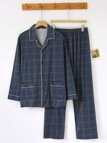 男士两件套睡衣套装 - 长袖翻领衬衫式睡衣 + 直筒裤 - 时尚休闲睡衣，可外穿，秋冬服装