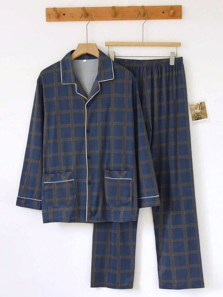 男士两件套睡衣套装 - 长袖翻领衬衫式睡衣 + 直筒裤 - 时尚休闲睡衣，可外穿，秋冬服装