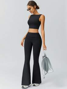 NcmRyu 1 Set Women's Fashion Solid Color Minimalist Casual Versatile Fitness Yoga Running Exercise Tank Top And Pants Sports Suit - 黑色 - 查看 1