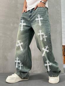 HEHCN 男士十字印花口袋宽松休闲牛仔裤，Y2K 复古宽松蓝色街头风格阔腿牛仔裤 - 橄欖綠 - 查看 1