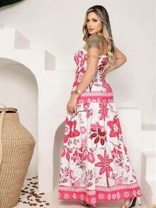 Vestido Longo Feminino Tomara que Caia Estampado com Franzido Lastex  no Busto – Elegância e Conforto - Rosa tropical - Visão 4