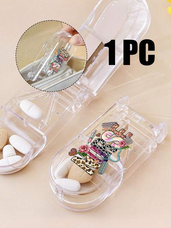1pc Pill Cutter Box, Printed With Leopard Print Letters, Medical-Themed Pill Box, Pill Storage Box, Portable Pill Box, Medicine Box, Small Medicine Box, Vitamin Storage Container, Small Size, Convenient Storage