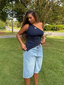 Tyla Gomez 情人节勃艮第红扭纹单肩上衣女士优雅修身上衣 - 寶藍色 - 查看 5