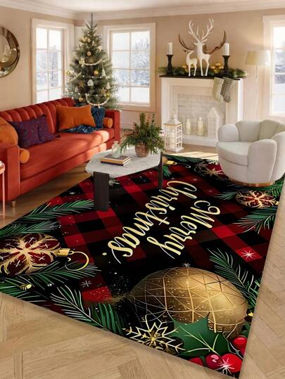 1pc Christmas Themed Plaid Doormat, Vintage American Style Rectangular, Decorated With Golden Christmas Balls, Evergreen Branches, And Bright Red Berries, With "Merry Christmas" Text In The Center, Effectively Blocks Dust And Water, Suitable For Entryway, Living Room And Other Scenes During The Christmas Season, Adding A Festive Atmosphere, Suitable For Garden, Entryway, Living Room, Kitchen
