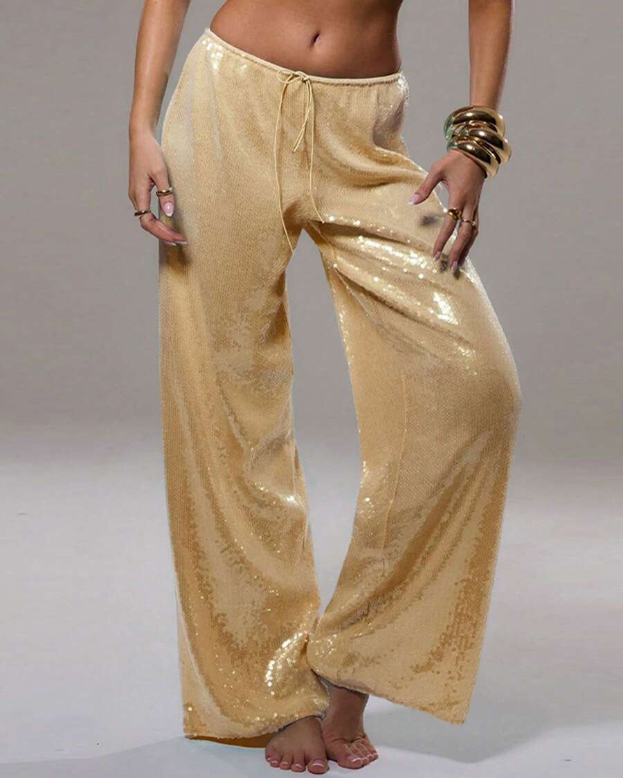 Womens Sparkle Sequin Pants Lightweight Elastic Waist Wide Leg Loose Pants Trousers - Màu vàng - Xem 1