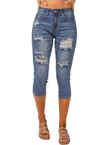 Vetinee High Waisted Skinny Slim Fit Capri Jeanshalloween - Màu xanh trung bình cổ điển - Xem 4