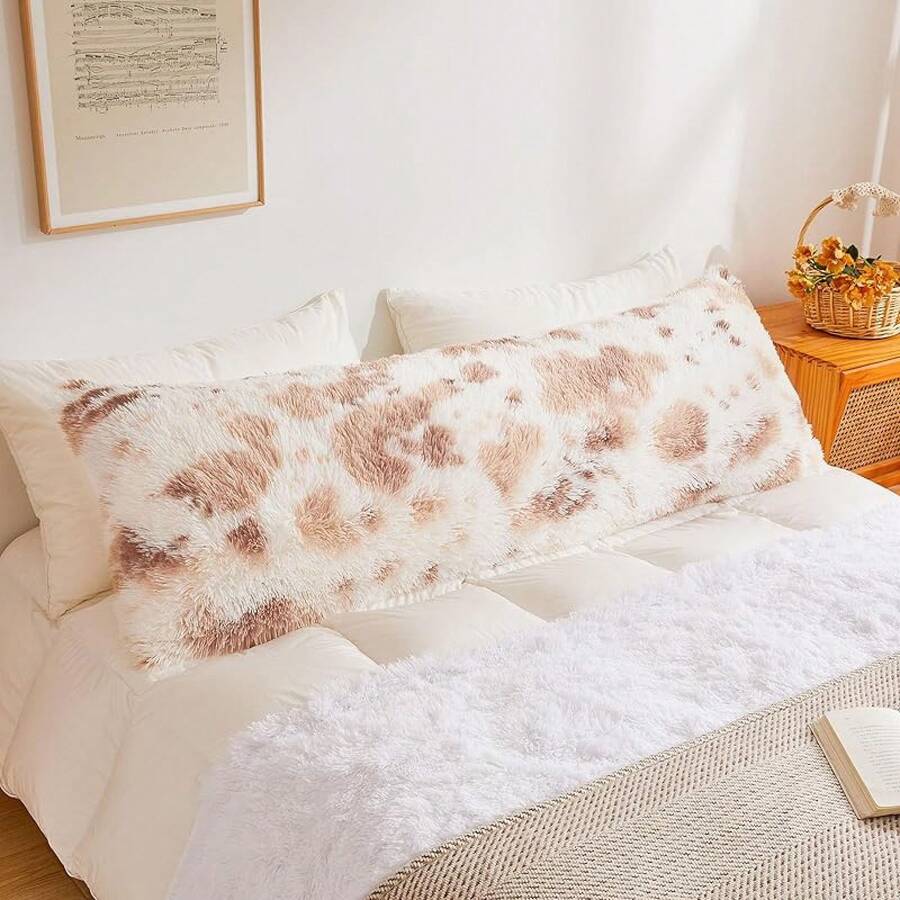 20x54 Fluffy Cheetah Print Body Pillow Cover, Leopard Print Plush Fuzzy Pillowcase With Zipper, Farmhouse Shaggy Long Pillow Cover Women Side Sleepers, Pink - 米色乳牛紋 - 查看 1