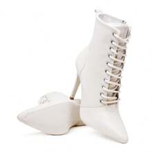 Women's Thin Heel Boot With Front Lace-Up And Modern Style - trắng - Xem 2