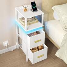 Mesita de Noche, Mesillas de Noche con Luces RGB y Estación de Carga, 2 Cajones, Mesa Auxiliar, con Estante Abierto para Dormitorio, Sala de Estar Moderno 30,2 x 24 x 67 cm Blanco