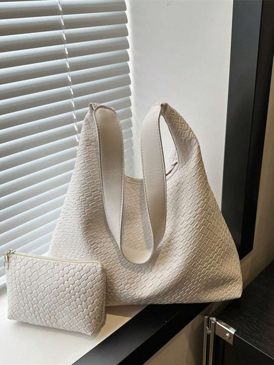 2025时尚纯色通勤编织托特包简约小众设计腋下包大容量母子两件套单肩包