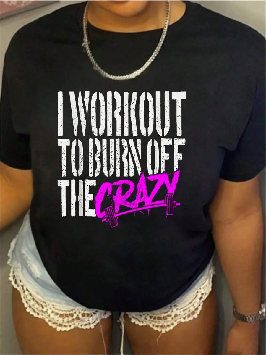 100% Cotton I Workout To Burn Off The Crazy T-Shirt Women's Men's Black Streetwear Graphic Tee Vacation T-Shirt Dress Summer - 黑色 - 查看 1