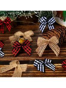 60 件迷你圣诞丝带蝴蝶结，白色、亚麻色和格子丝带蝴蝶结，冬季家居装饰，圣诞装饰，红色和黑色格子，农舍风格蝴蝶结装饰，派对用品，适用于冬季装饰、家居、墙壁和树木装饰，圣诞装饰 - 彩色 - 查看 6
