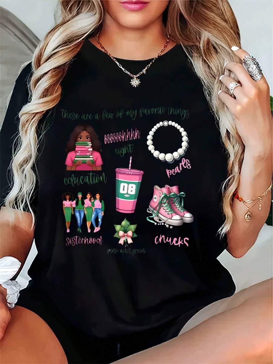 Aka 1908 Letter Print Round Neck Short Sleeve T-Shirt For Women Casual, Summer , Women Top Graphic Tees Women Tops, Graphic T-Shirts, Comfortable And Close-Fitting, Sizes S-3XL, 4XL, 5XL - 黑色 - 查看 1