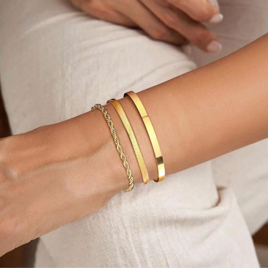 3-Piece Set Of Luxury Women's Bracelets: Snake Bone Bracelet + Polished Metal Bracelet + Chain Bracelet - 金色 - 查看 1