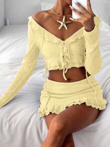 Summer Sexy Ruffle Trim Long Sleeve Skirt 2 Pieces Set For Ladies