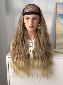 24 Inch V-Shaped Light Brown Water Wave Wig, Heat Resistant Synthetic Fiber Material, Suitable For Women & Girls To Wear For Parties And Daily Use - Linen Gold - View 3