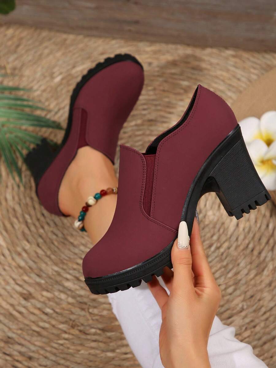Tacones altos de tacón grueso clásicos para mujer, bombas de tacón ancho, zapatos de trabajo cómodos, primavera/verano 2025 - Vino tinto - Ver 1