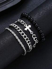 HOTNICE 4pcs Set Punk Chic Cross Beaded Bracelet For Men, Accessory For Dating, Vacation, Daily Outfit, Unisex - Gold - View 2