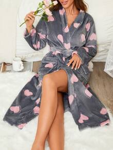 1pc Women's Grey Heart Print Fluffy Robe, Elegant & Fashionable, Thick & Warm For Autumn/Winter, Comfortable For Outdoor, Vacation, And Loungewear, Fall Winter, Cozy - Multicolor - View 8