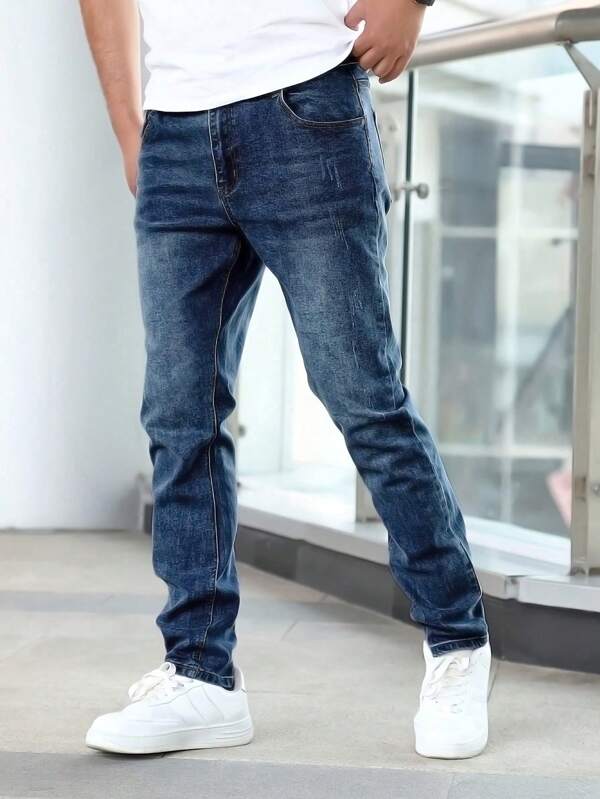 Pantalones vaqueros de mezclilla de color azul oscuro elásticos clásicos para hombre