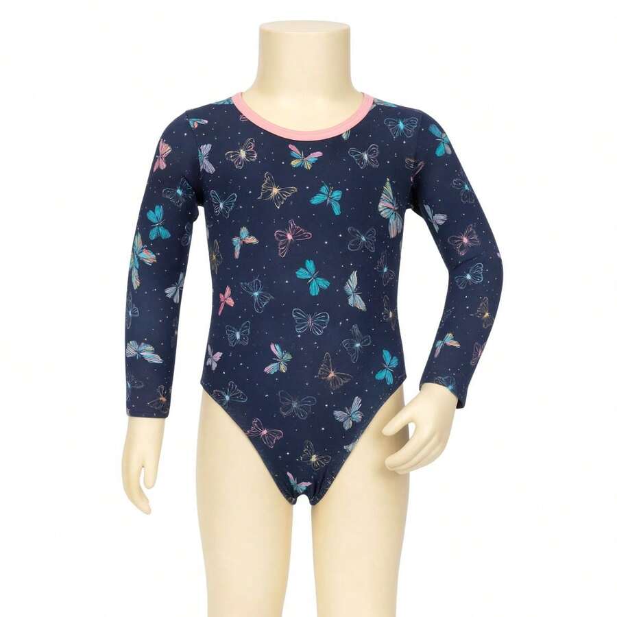 Anjo da Mamae Maiô Infantil Manga Longa Estampa Borboleta Azul com Rosa - Azul - Visão 1