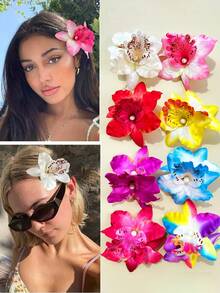 10个随机花朵发夹，夏威夷风情花朵发夹，芙蓉花和莲花发夹，时尚人造花发夹，夏季假日海滩派对发饰，波西米亚风布艺发夹套装，优雅女士发夹，夏季发饰，女孩礼物，情人节礼盒，发爪，发夹，发卡，头部饰品，发卡 - 彩色 - 查看 6
