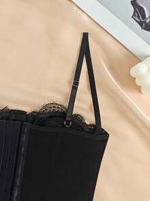 Lace Bustier Corset | Mesh Insert Spaghetti Straps Slim Fit Top - 黑色 - 查看 10