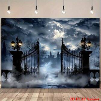 2D Flat Gothic Castle Full Moon Night Party Background - Misty Graveyard Gate Theme, Polyester, No Electricity Required, Ideal For Halloween Wall Decor, Halloween Decorations, Halloween Photo Booth Backdrop - Multipurpose Indoor/Outdoor Party & Event Decor, Polyester, No Electricity Needed, Perfect For Halloween Decoration