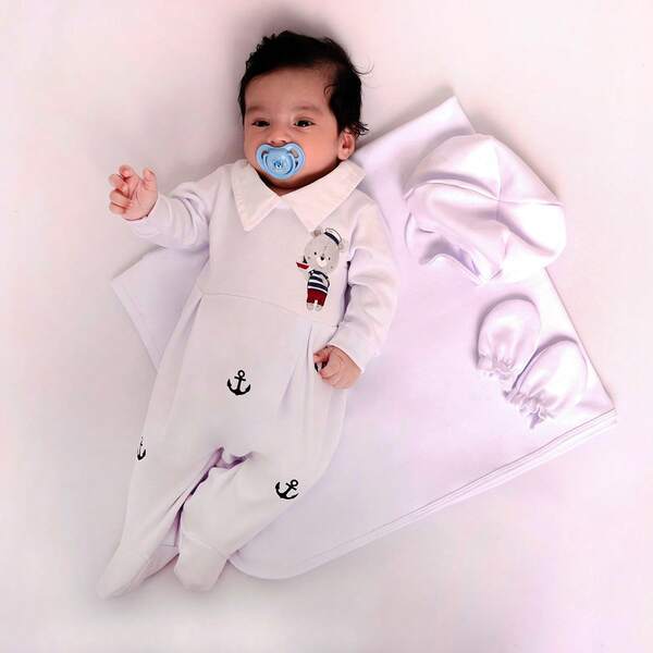 Saída Maternidade Bebe Menino 04 Peças Coleção Marinheiro em Malha Suedine