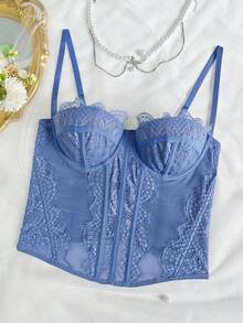 Lace Bustier Corset | Mesh Insert Spaghetti Straps Slim Fit Top - Màu xanh bụi bặm - Xem 4