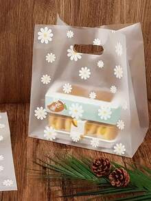 50pcs White Daisy Frosted Reusable Gift Packaging Bags With Handles, Transparent Bakery Takeout Bags - Clear - View 1