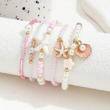 7件套海洋风仿珍珠树脂海星贝壳串珠多层手链套装，波西米亚风格，适合女性，海滩、度假、休闲佩戴，节日礼物，新娘手链，新娘首饰，时尚首饰 - 彩色 - 查看 5