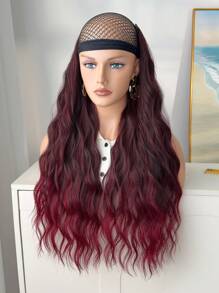 Peluca de fibra sintética resistente al calor en forma de V de 24 pulgadas de color vino tinto, adecuada para que las mujeres y niñas la usen en fiestas y para uso diario - Rojo degradado - Ver 4