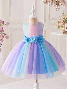 Girls Spring/Autumn Outfit, Collar Fashionable Dress Suit, Colorful Gradient Fluffy Princess Dress With 3D Floral Decor Mid-Length Dress, Children Versatile Top & Vest Dress 2 Pieces Set, Stylish Casual Top, Birthday Party, Holiday, Performance Dress Suit - Blue - View 5