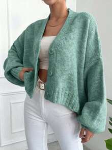 Women's Sweater Casual Button Down Fall Cardigan Lantern Long Sleeve V Neck Knit Jacket - 綠色 - 查看 3