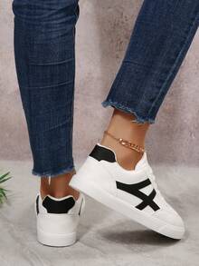 女士时尚新款春秋圆头户外休闲运动鞋，几何拼接条纹粉色运动鞋，舒适柔软休闲鞋，滑板鞋，白色运动鞋