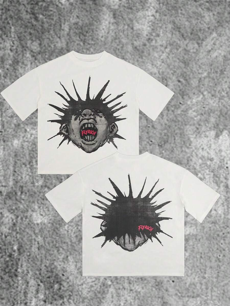 Camiseta de manga corta con estampado gráfico de retrato de dibujos animados y texto divertido para uso urbano - Blanco - Ver 1