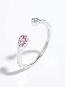 1pc Elegant & Fashionable 925 Silver Synthetic Zirconia Pink Oval Design Ring, Suitable For Party, Travel, Daily Wear, Showcasing Charm, Gift
