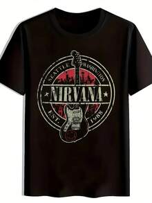 COCOC 2025 New Summer Loose Pattern Round Neck Shirt,Men'S & Women'S Rock Band Graphic T-Shirt - Black Casual Summer Crew Neck Tee With Guitar & Stars Design, Polyester Short Sleeve, Regular Fit, All-Season Music Fan Apparel, Rock Band T Shirts - màu đen - Xem 1