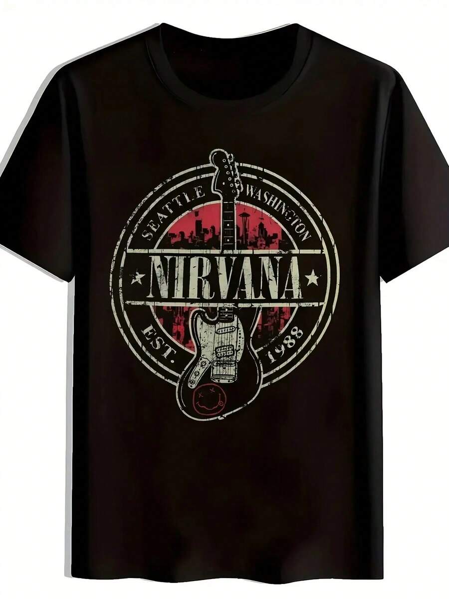 COCOC 2025 New Summer Loose Pattern Round Neck Shirt,Men'S & Women'S Rock Band Graphic T-Shirt - Black Casual Summer Crew Neck Tee With Guitar & Stars Design, Polyester Short Sleeve, Regular Fit, All-Season Music Fan Apparel, Rock Band T Shirts - màu đen - Xem 1