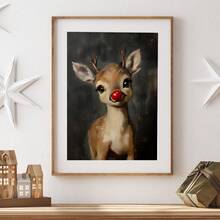 1pc Christmas Rudolph Painting Reindeer Print, Whimsical Deer Christmas, Red Nose Christmas Wall Art, Atmospheric Vintage Rudolph Poster, Rustic Artwork, Canvas Wall Art, Posters For Room, Home Decor, Room Decor Aesthetic, Room Decoration Stuff. Optional Frame Christmas Decorations - Multicolor - View 11