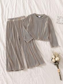 2 pezzi/Set Completo di top a costine e pantaloni a zampa per ragazze, Primavera/Autunno, Top a maniche lunghe + Pantaloni a zampa larga, adatto per attività casual all'aperto - Caffè Marrone - Visualizzare 1