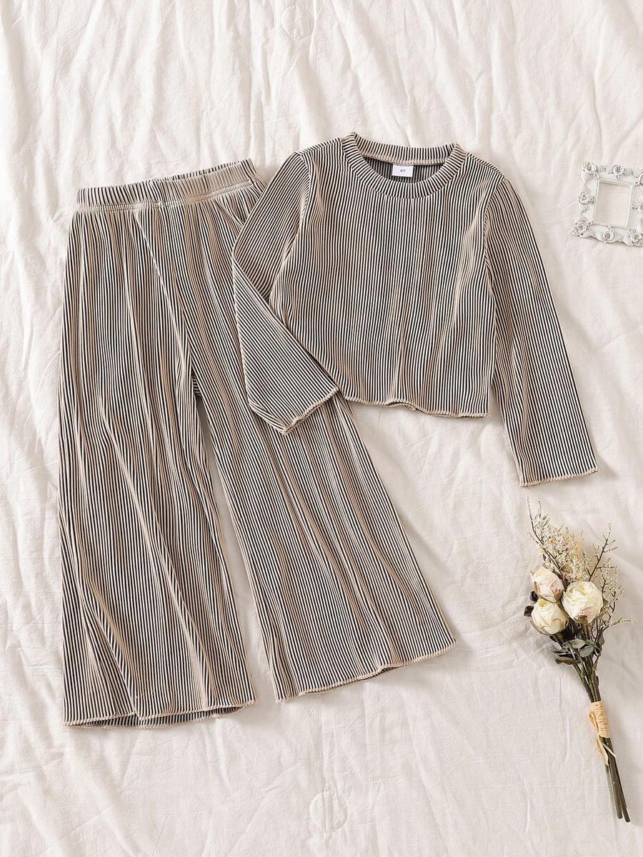 2 pezzi/Set Completo di top a costine e pantaloni a zampa per ragazze, Primavera/Autunno, Top a maniche lunghe + Pantaloni a zampa larga, adatto per attività casual all'aperto - Caffè Marrone - Visualizzare 1