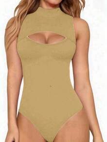 Women's Bodysuit With High Neck And Cutouts, Ideal For Summer Use - 米色 - 查看 1